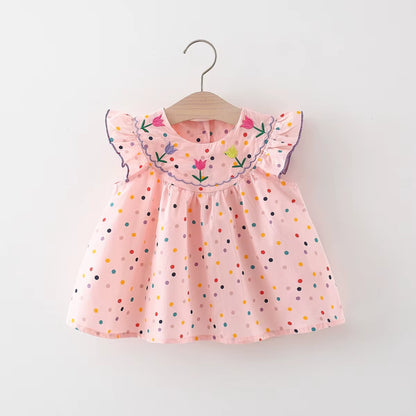 Blooming Beauty: Embroidered Cotton Baby Dress with Polka Dot Print